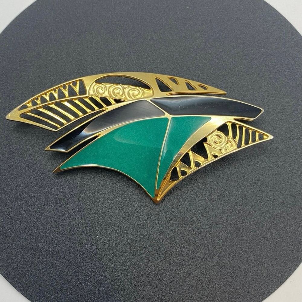 Vintage Edgar Berebi Signed Art Deco Modernist Brooch Black & Green Enamel